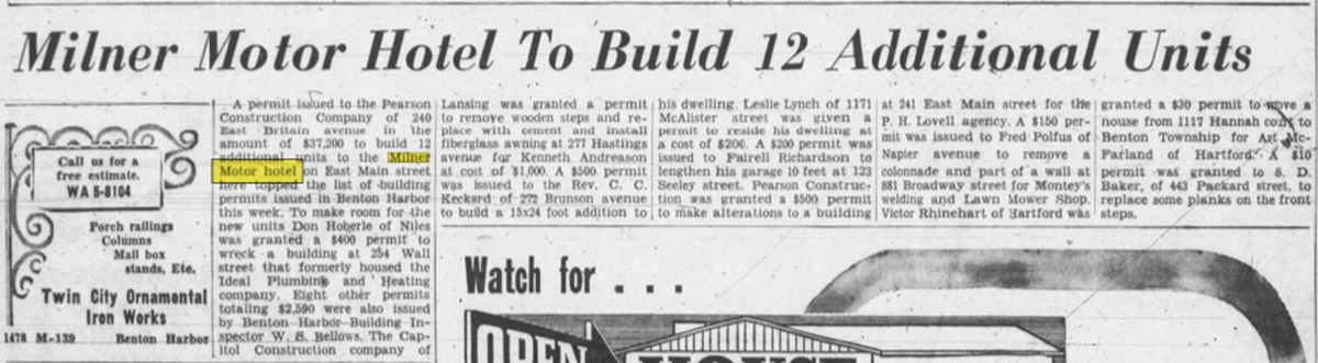 Milner Moter Hotel - Sept 1959 Article On Expansion